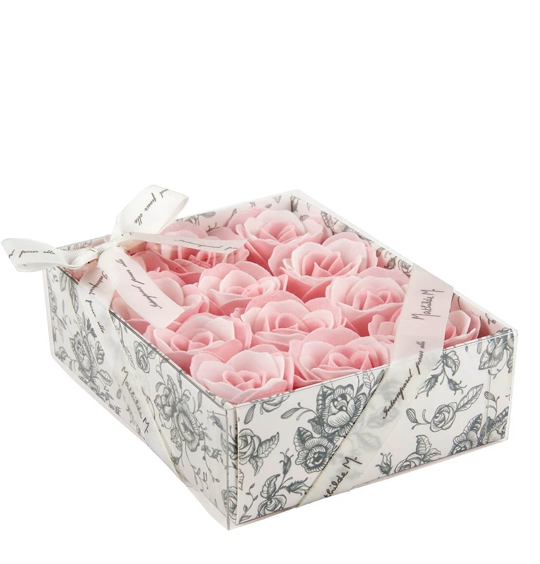 Scatola da 12 rose con petali di sapone bianco e rosa Mathilde M.