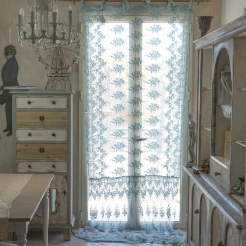Rideau dentelle Provence, boucles et dentelles, lin bleu daucchero 120x300