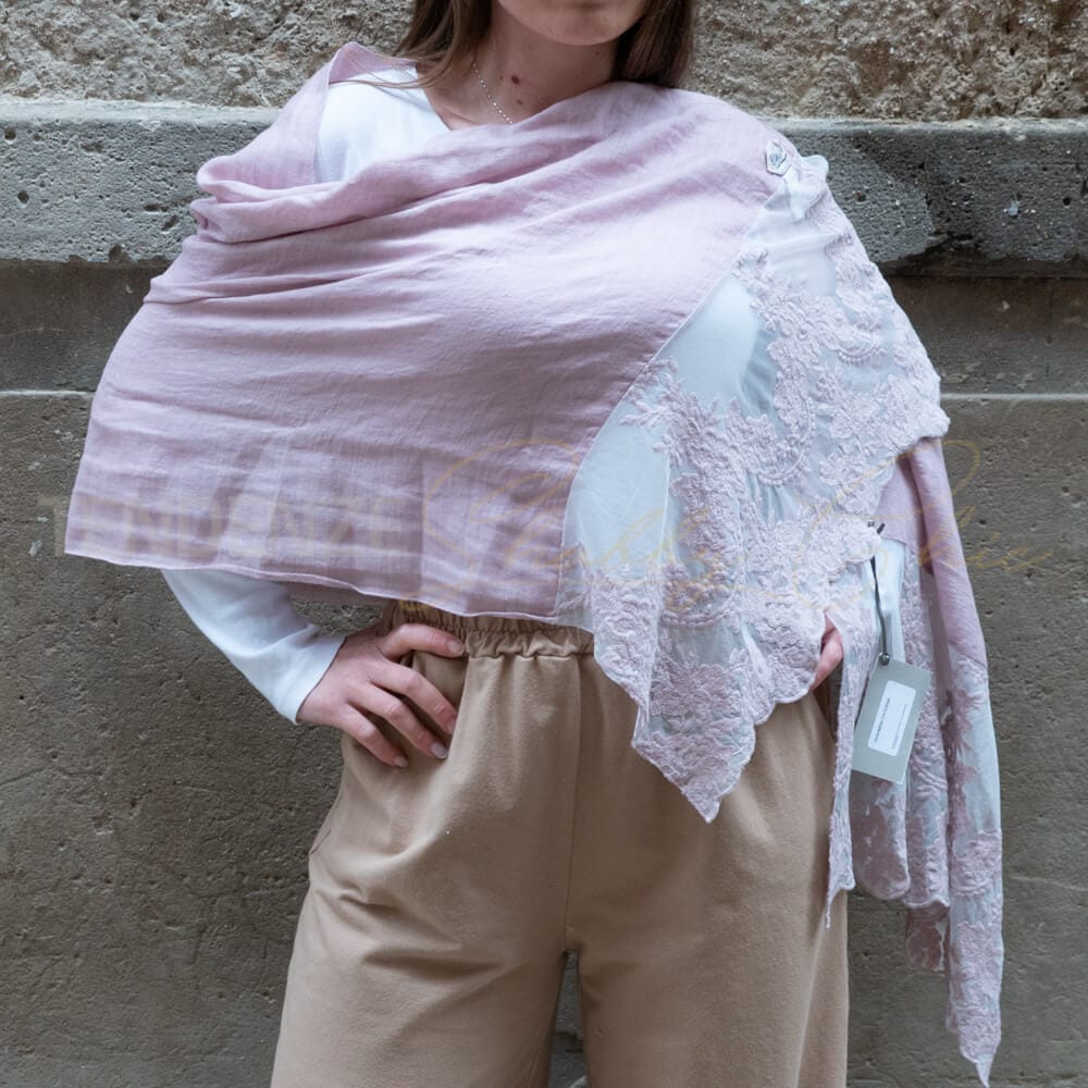 Pashmina Chez Moi en lin ancien et dentelle rose Catherine