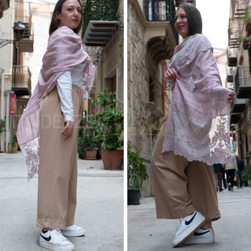 Pashmina Chez Moi en lin ancien et dentelle rose Catherine – Image 3