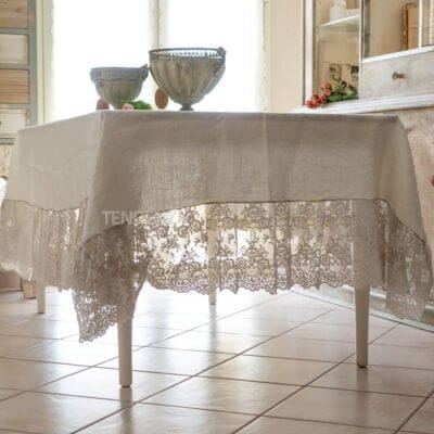 Mantel de puro lino y encaje provenzale Chez Moi Vintage Fango