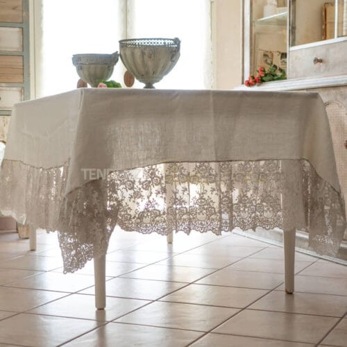 Mantel de puro lino y encaje provenzale Chez Moi Vintage Fango