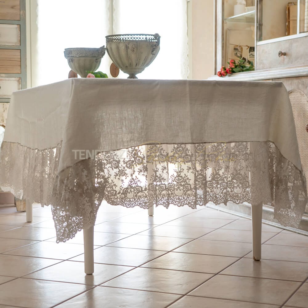 Nappe en pur lin et dentelle provenzale Chez Moi Vintage Boue