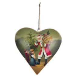 decoro a forma di cuore in metallo con babbo natale che consegna doni ai bambini da appendere sull'albero di natale