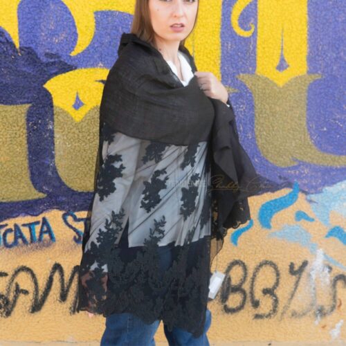 Pañuelo de lino con motivos de encaje Chiara Negro