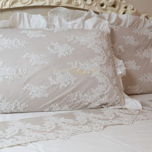 Sábana doble de percal con par de fundas de almohada y encaje Versailles - Vintage Fango