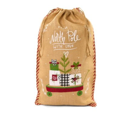 Bolsa de yute con carro y regalos