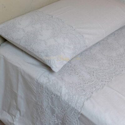 Drap double et 2 taies d'oreiller en percale avec dentelle corinthienne Clay