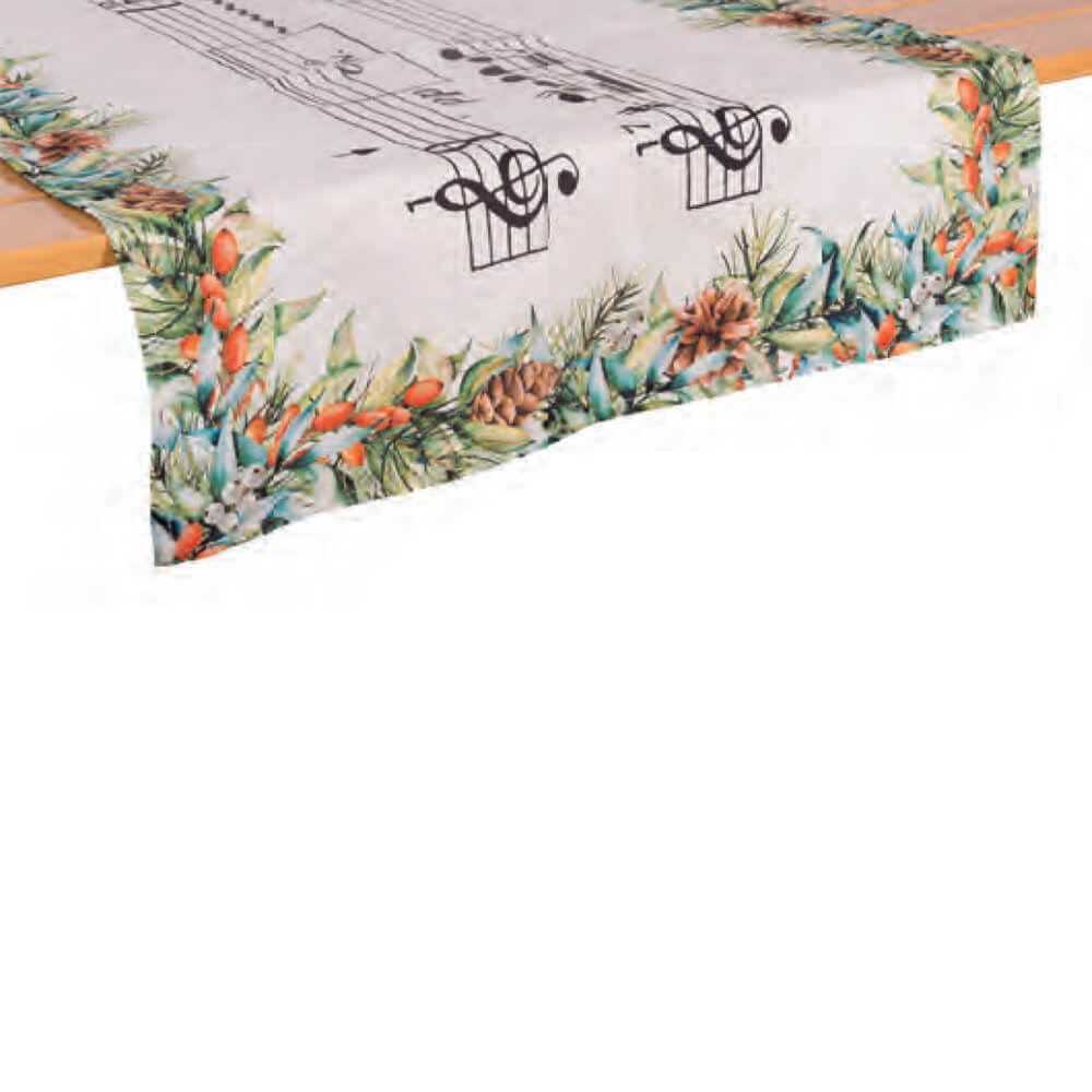 Camino de mesa de lino con partitura y decoración floral 140 x 50 cm