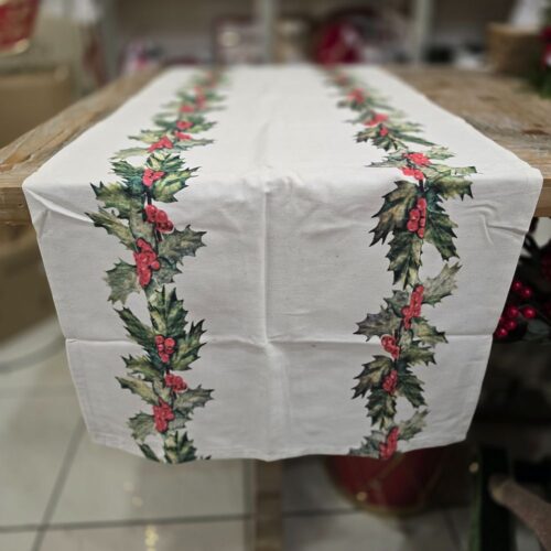 Runner Natalizio L'Atelier 17 Beige con Stampa di Vischio 50x150