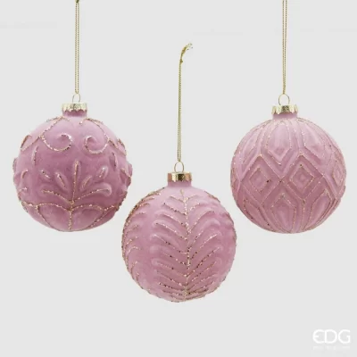 EDG Palle natalizie in velluto ricamato rosa diametro 10 cm - 3 modelli
