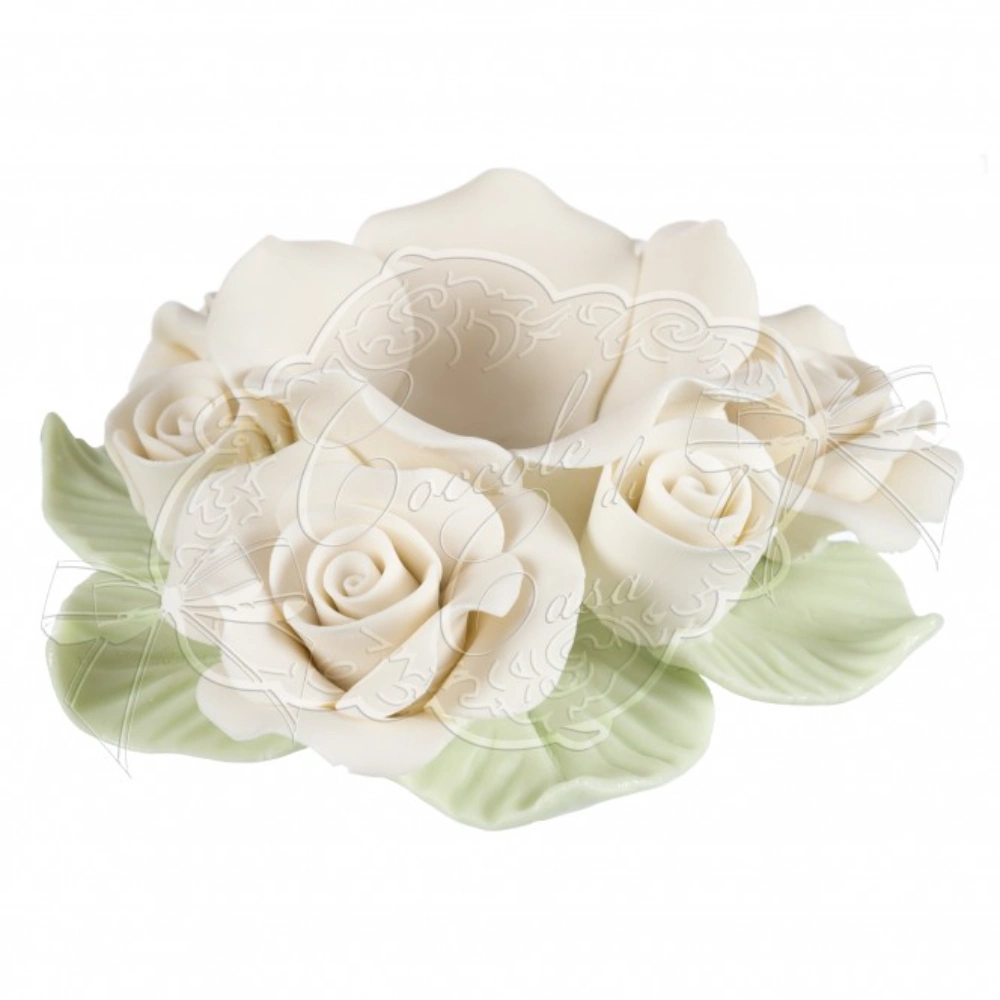 Coccola di casa candelabro in ceramica a fiori rose bianche lucide diametro 11 cm