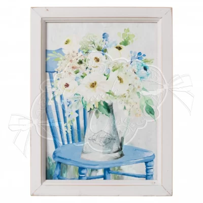 Coccole di Casa Quadro in legno Vaso con fiori su sedia blu h 40 cm