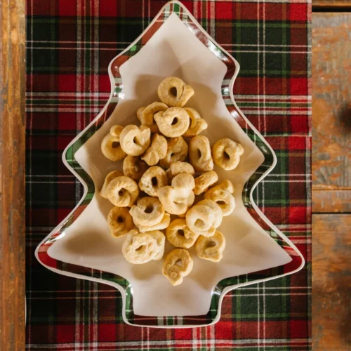 Vassoio in ceramica a forma di albero di Natale con bordo in tartan