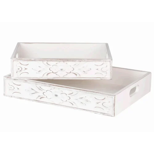 Lot de 2 plateaux en bois blanc avec poignées et bords sculptés