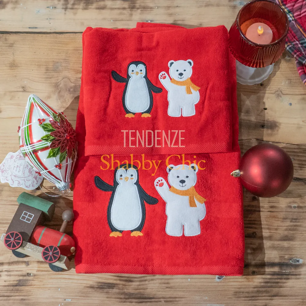 L'Atelier 17 Par de toallas de cara e invitadas rojas con pingüino y osito