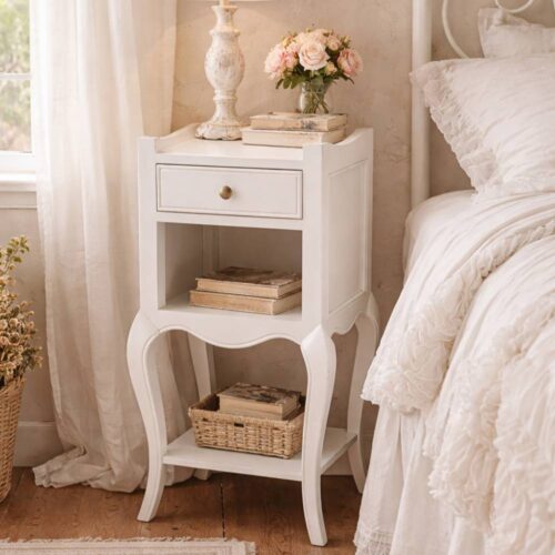 Comodino shabby chic bianco in legno con fregi decorativi e cassetto centrale 40x35x77 cm