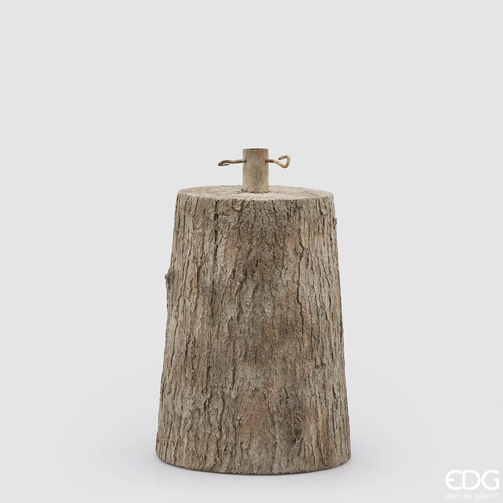 Base per albero di Natale a forma di tronco, realizzata in cemento con anima in metallo, adatta per alberi fino a 210 cm, marchio Enzo de Gasperi.