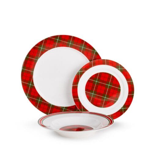 Servizio piatti in porcellana per 6 persone con motivo tartan rosso e verde della Collezione Cartolina di Natale di Nuvole di Stoffa, composto da piatti piani, fondi e da dessert.
