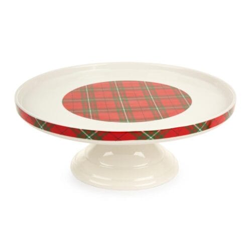 Alzatina in porcellana decorata con fantasia tartan rossa e verde, collezione Cartolina di Natale di Nuvole di Stoffa, diametro 27 cm e altezza 10 cm.