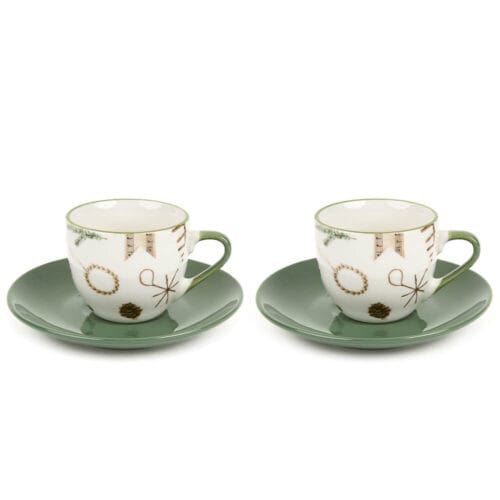 Coppia di tazzine in porcellana con piattino e motivi natalizi della collezione Ricordi di Nuvole di Stoffa.