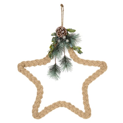 Decorazione a forma di stella in corda, 41x40 cm, della collezione Ricordi di Nuvole di Stoffa, con dettagli naturali e gancio per appenderla facilmente. Perfetta per creare un'atmosfera natalizia calda e accogliente.