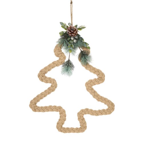 Decorazione a forma di albero in corda, 49x37 cm, della collezione Ricordi di Nuvole di Stoffa, con dettagli naturali e gancio per appenderla facilmente. Perfetta per creare un'atmosfera natalizia calda e accogliente.