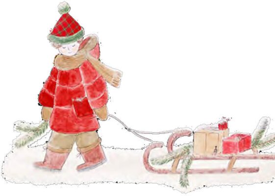 Estampado de tarjetas navideñas para niños con trineo de nubes de tela