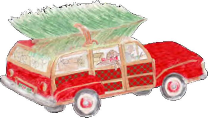 Impresión de coche con tarjeta de Navidad de árbol.