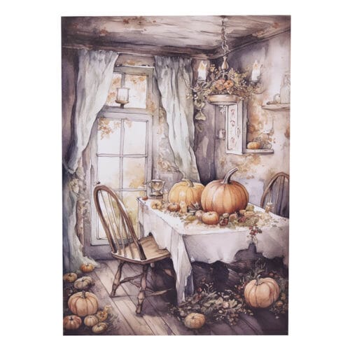 Quadro in canvas 'Casa d’Autunno' con zucche su un tavolo, dimensioni 50x70 cm