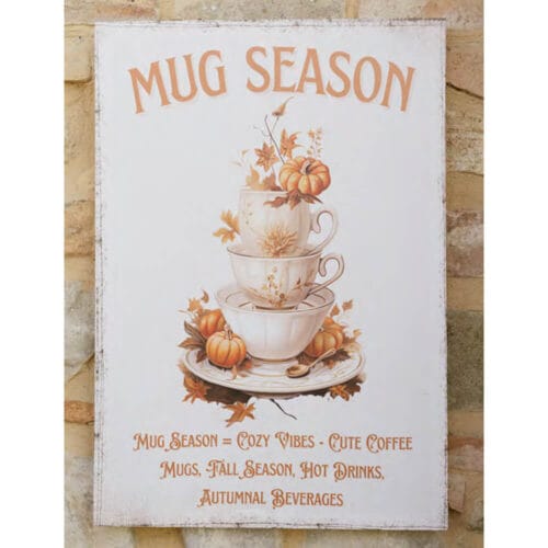 Quadro in canvas 'Mug Season' con tazze impilate e zucche, dimensioni 35.5x51x2.5 cm.