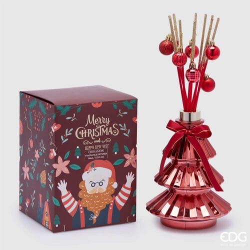 Diffusore ambiente a forma di pino con bastoncini rossi e glitter dorati, 950 ml, vetro rosso, scatola regalo natalizia.