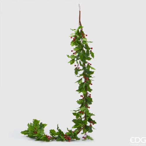 Festone di agrifoglio con bacche H.185 cm di EDG Enzo De Gasperi, perfetto per decorazioni natalizie.