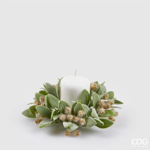 Girocandela porta moccolo con bacche e foglie EDG, diametro 14 cm, elegante decorazione con foglie verdi e bacche dorate.