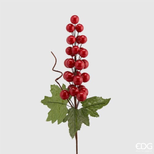 Decorazione artificiale ramo di bacche rosse lucide con foglie verdi, altezza 30 cm, marchio EDG Enzo De Gasperi.