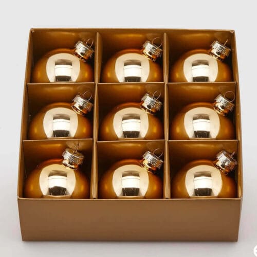 Scatola con 9 palline in vetro dorato lucido, diametro 6 cm, marchio EDG Enzo De Gasperi.