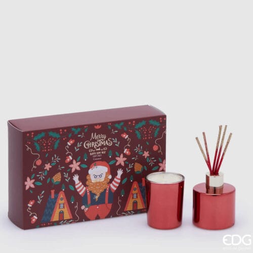 Set profumatore e candela Joyful essenza cannella 80ml in vetro, con scatola regalo natalizia.