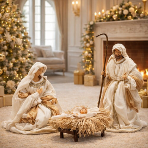EDG Set Natività Sacra Famiglia bianco e oro H 70 cm