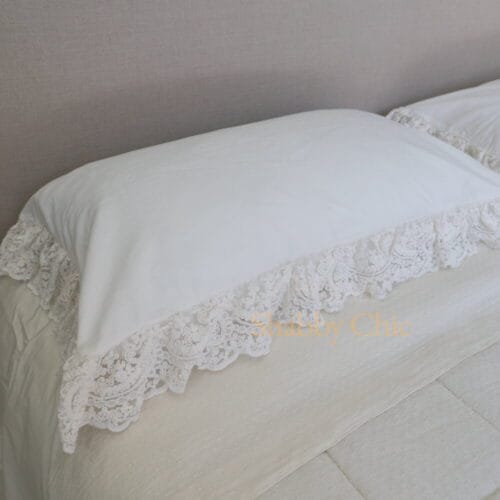 Chez Moi Paire de taies d'oreiller en velours blanc naturel et dentelle Corinzio