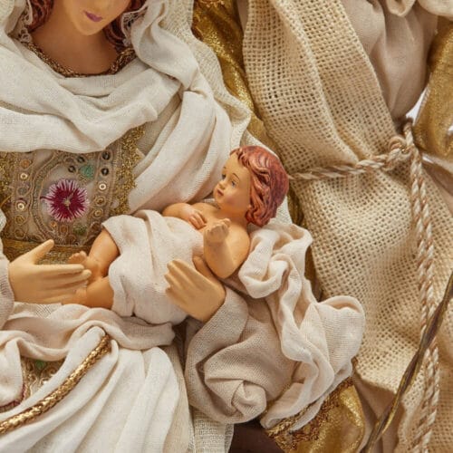Dettaglio degli abiti in tessuto e delle espressioni della Sacra Famiglia nel set natività EDG.