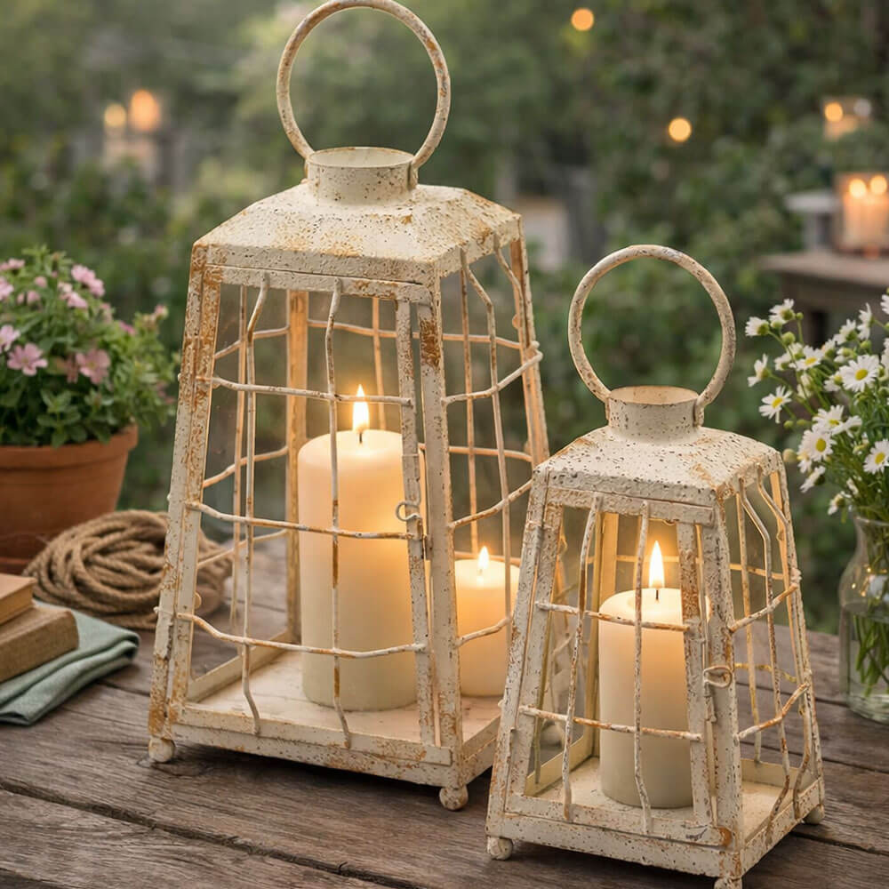 EDG Coppia di Lanterne shabby chic in metallo bianco e vetro 1 EDG Coppia di Lanterne shabby chic in metallo bianco e vetro