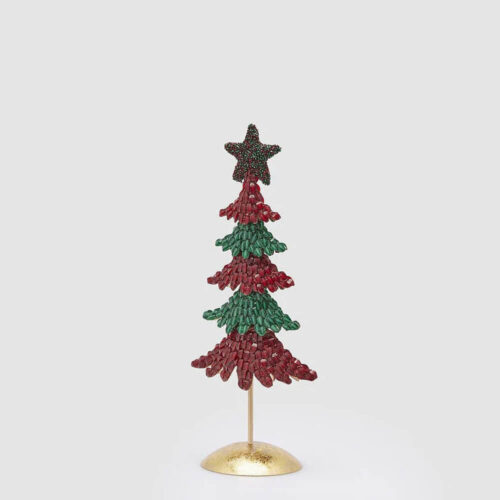 Albero di Natale con perline verdi e rosse su piedistallo dorato, decorazione natalizia EDG.