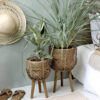 Set di 2 vasi da fiori su gambe in rattan naturale intrecciato, perfetti per piante e decorazioni in stile boho-chic.