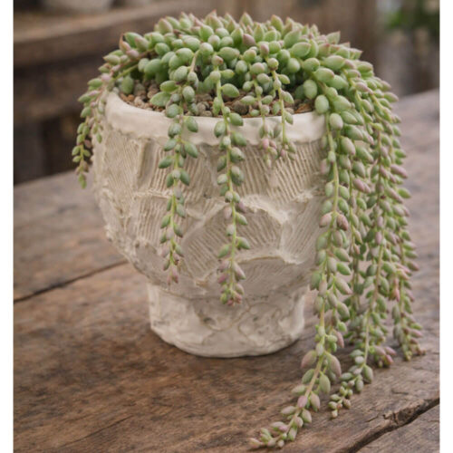 Vaso decorativo in ceramica Chakra di EDG, colore avorio con texture organica, su tavolo con decorazioni natalizie.