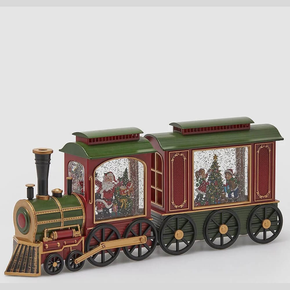 Trenino natalizio decorativo EDG con luci LED e scene natalizie con Babbo Natale, in colori rosso e verde.