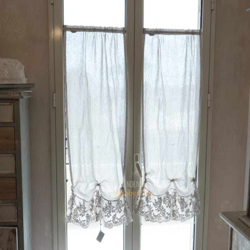 Coppia Di Tendine Finestra Shabby Chic | 60x240 Cm In Poliestere Effetto Lino, Con Ricamo Sweet Home E Fiocco 3D | Grigio/Bianco