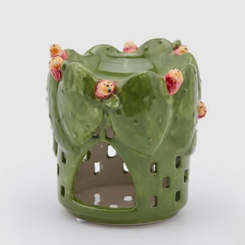 Diffusore di essenze in ceramica smaltata Fico d'India EDG, con portacandela tealight e spazio superiore per acqua ed essenze