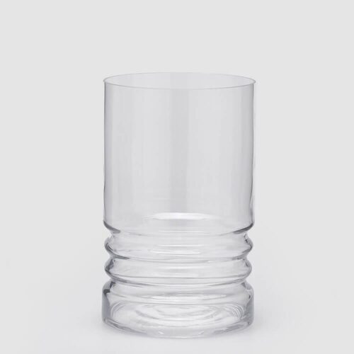 Vaso cilindrico in vetro trasparente con motivo a righe firmato EDG Enzo De Gasperi, ideale per esporre fiori freschi o decorazioni.