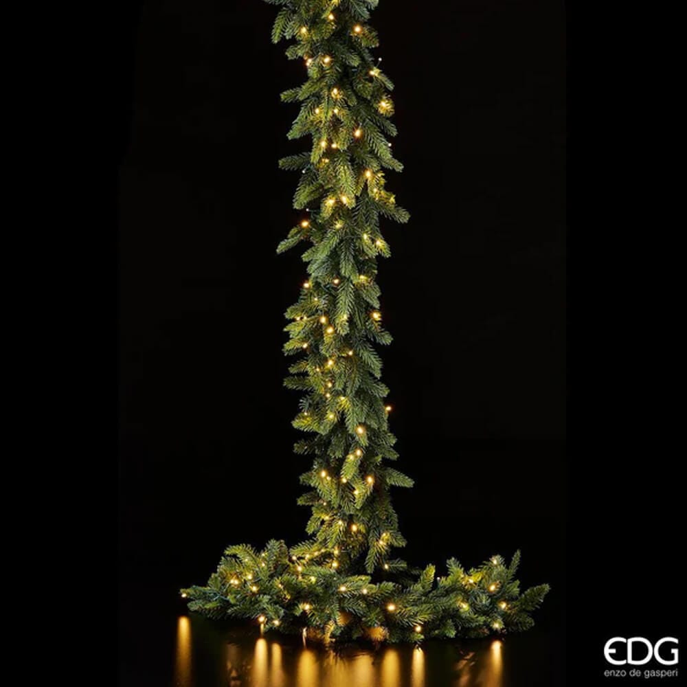 Festone Pino Luxury illuminato con 170 LED, lunghezza 270 cm, ideale per decorazioni natalizie eleganti, marchio EDG Enzo De Gasperi.
