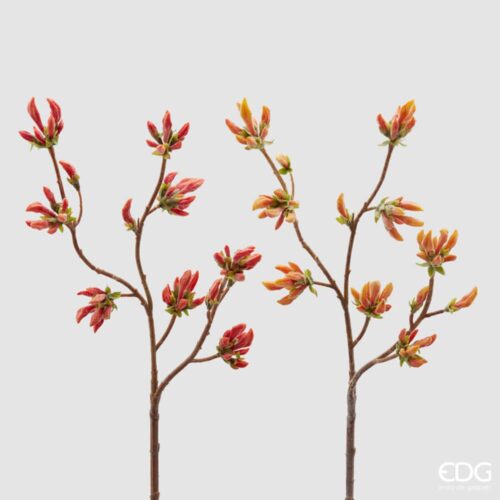 Ramo artificiale di rododendro EDG con boccioli in due varianti di colore (rosso e arancione)
